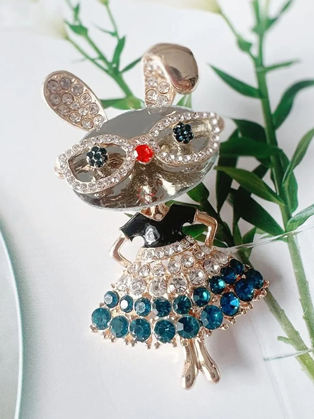 Gold Bunny Pin with Teal, Clear & Red Accents